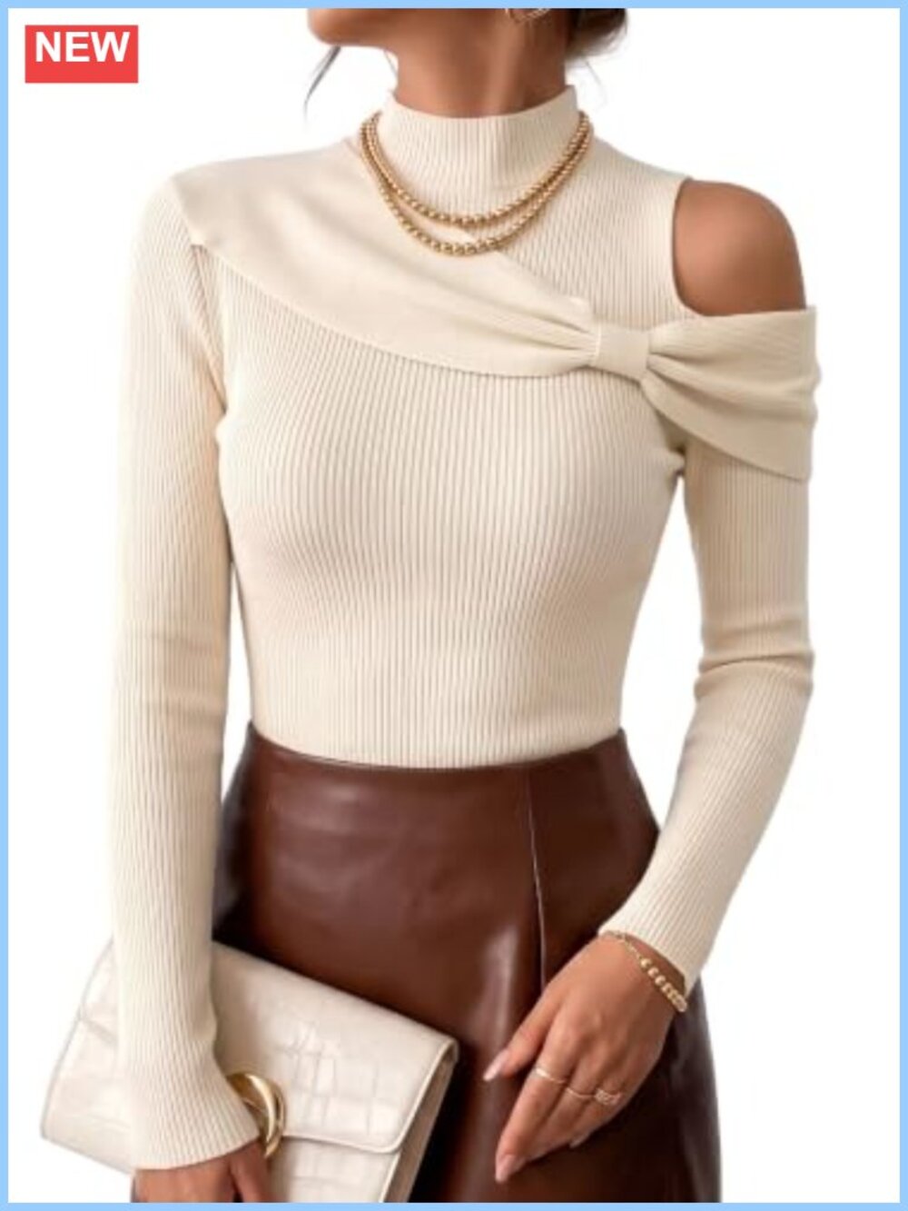 Womens Crew Neck Ribbed Slim Fit Cutout Off Shoulder Bow Sweater